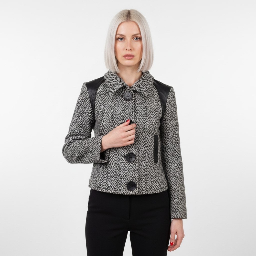 SICILY CLOTHING CO. WOOL COAT BLACK AND WHITE WINTER JACKET LEATHER TRIM SIZE XS